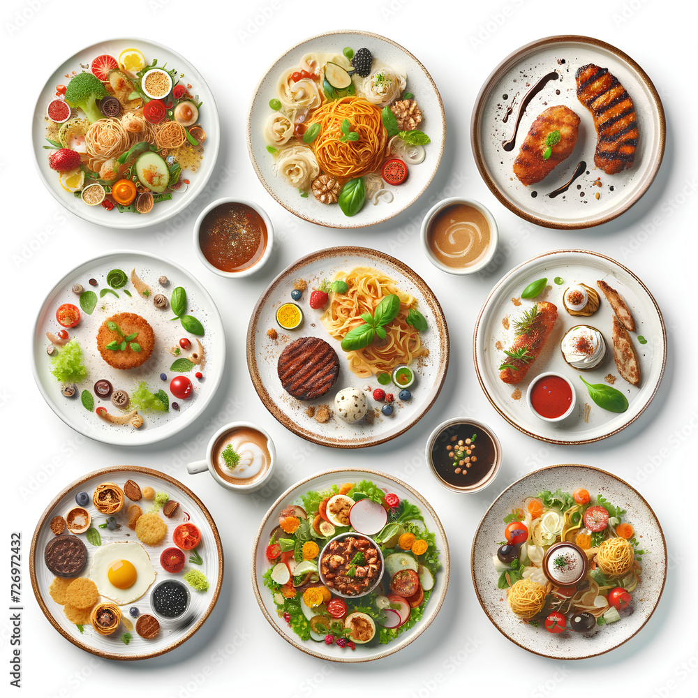 A set of plates of food, each isolated on a white background and viewed from the top. The set includes a variety of dishes, such as a plate of pasta A set of plates of food, each isolated on a white background and viewed from the top. The set includes a variety of dishes, such as a plate of pasta