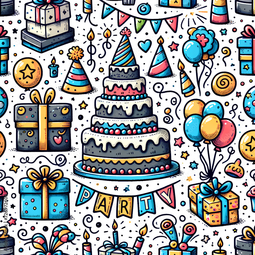 A fun hand-drawn party seamless background with illustrations of cakes, gift boxes, balloons, and party decorations. The design should be playful A fun hand-drawn party seamless background with illustrations of cakes, gift boxes, balloons, and party decorations. The design should be playful