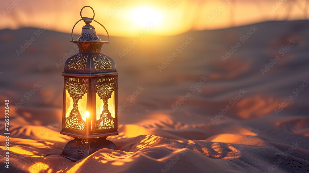 Oriental lamp in sand at Ramadan night, sand dune landscape with bright sunset background