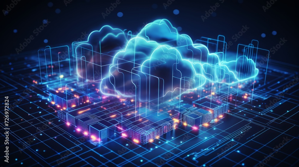 Fototapeta premium Futuristic cloud computing: seamless transfer of big data across the internet - digital technology concept