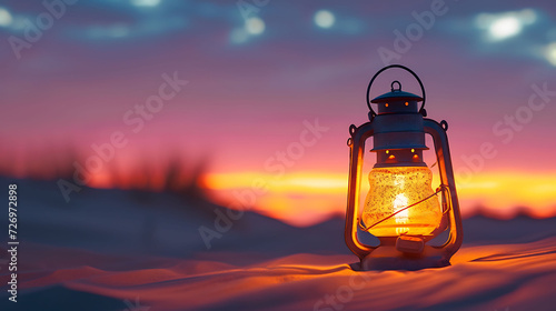 Oriental lamp in sand at Ramadan night, sand dune landscape with bright sunset background