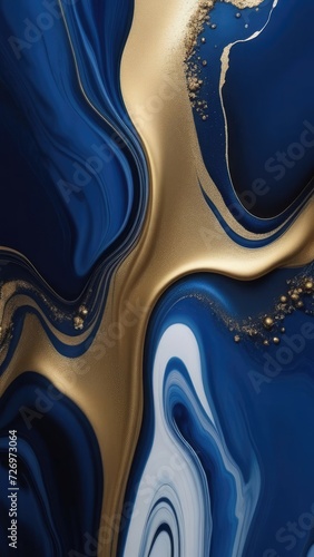 background with waves. A close up of minimalist abstract blue and dark blue and gold inc painting, smooth glossy, dreamy and ethereal and dark.