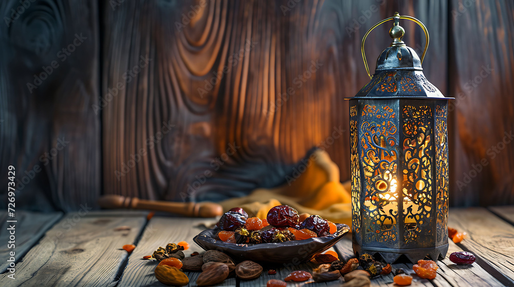 Ramadan Kareem concept photo dry fruits with lantern lamp, Eid Mubarak