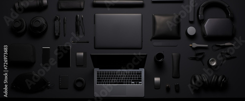 Top view, flat lay on woman's desk with mockup smartphone, computer and various gadgets, blank on black tabletop.