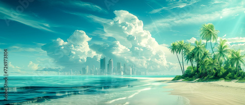 Serene tropical beach with skyscrapers and palm trees. 