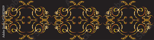Graphic horizontal fantasy pattern with swirls, concentric circles and flowers. Gold gradient on a black background for printing on fabric, applique and cards.