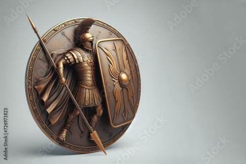 A Roman soldier with a shield and spear depicted on a medallion. Place for text. photo
