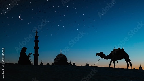 Silhouette of Arab family and camel walking  Islamic mosque at night with crescent moon
