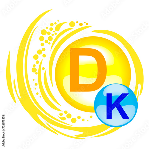 Vitamin D + Vitamin K Phylloquinone Vitamin D glossy label or icon. Healthy life medical and dietary supplement. Health care concept. Icon isolated white background. 2 November - Vitamin D day. Vector