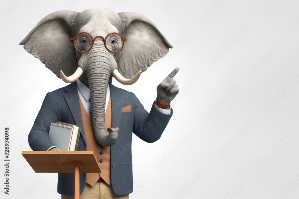 Elephant teacher with glasses points his finger. Place for text.