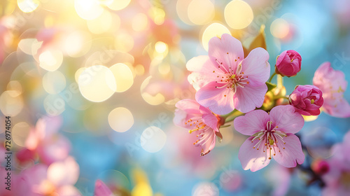 Pink cherry tree blossom flowers blooming in spring , generative ai