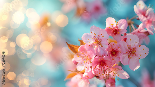 Pink cherry tree blossom flowers blooming in spring , generative ai