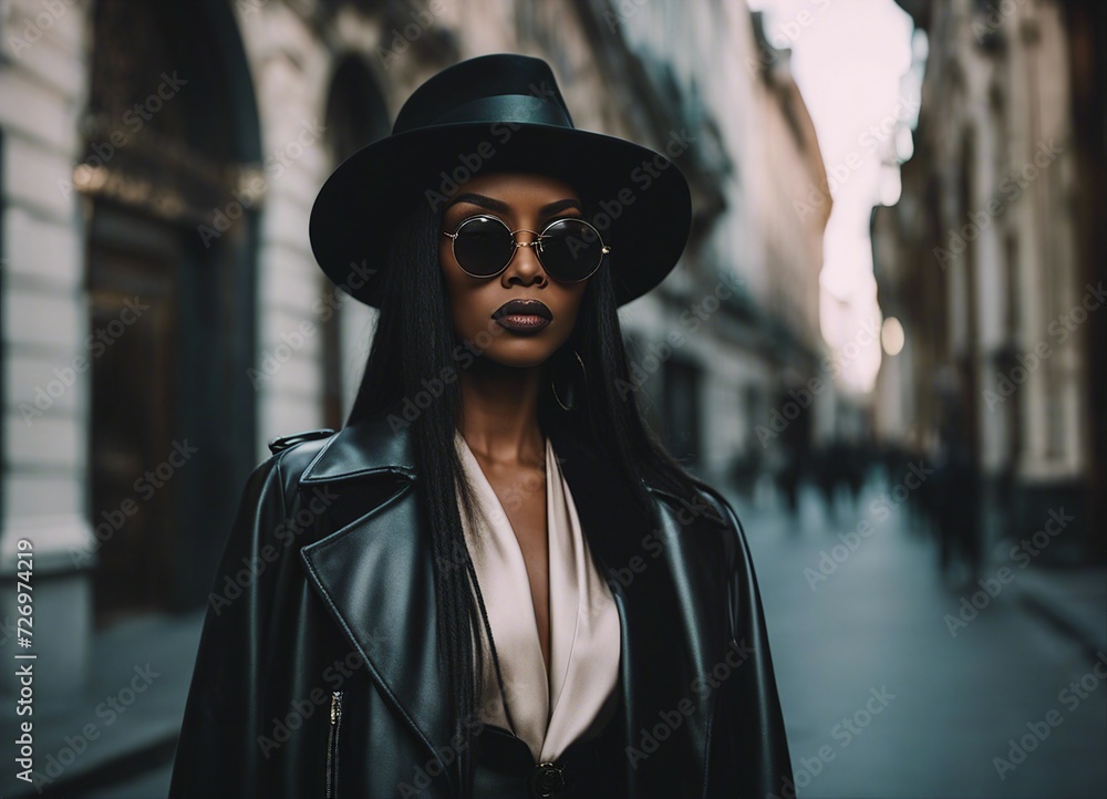 Serious black woman in leather coat and hat in luxury fashion shot, total black with sunglasses Serious black woman in leather coat and hat in luxury fashion shot, total black with sunglasses