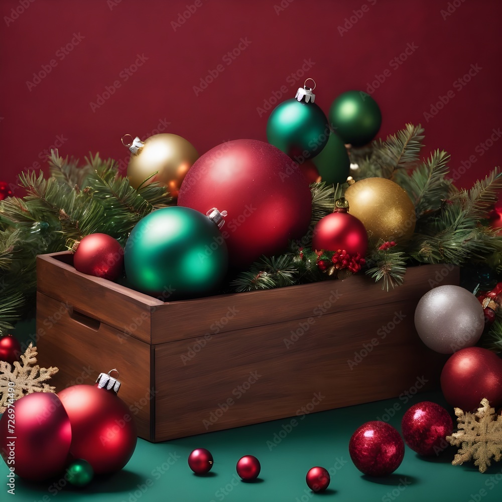 Red Christmas filled box with red Christmas decoration on green background. Open Christmas box with christmas ball inside Red Christmas filled box with red Christmas decoration on green background. Open Christmas box with christmas ball inside