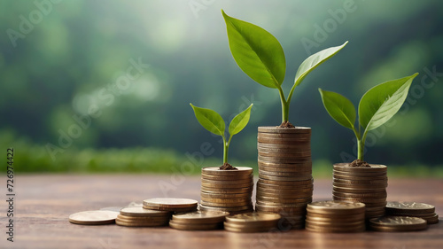 Little plant and pile of coins, concept of investment and savings. Finance concept background. 