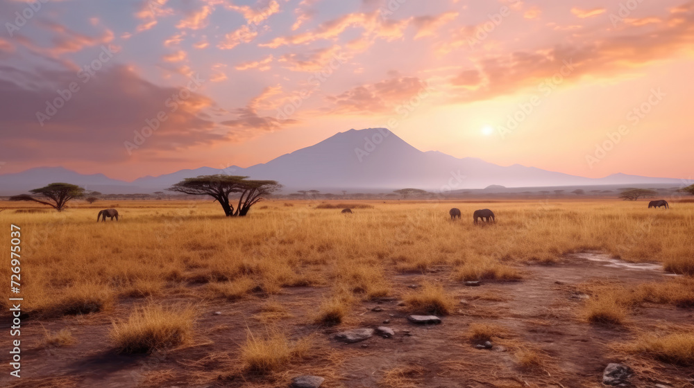 Dry African savanna in the afternoon on Mount Kilimanjaro