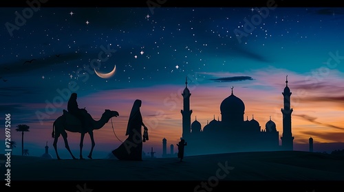 Wallpaper Mural Silhouette of Arab family and camel walking, Islamic mosque at night with crescent moon Torontodigital.ca