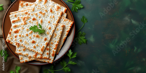 Jewish holiday Passover concept with matzah and copy space. Top view, flat lay. photo