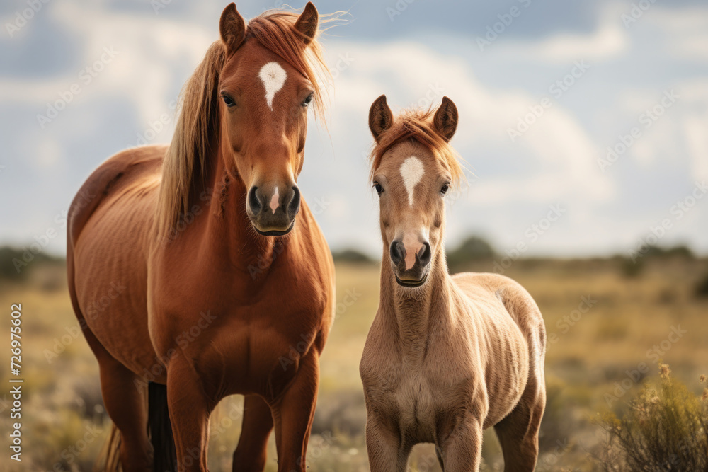 a mother horse with her foal. family, motherhood in animals. a mother horse with her foal. family, motherhood in animals.