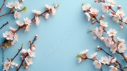 Panoramic shot of flowering apricot branches on a blue background  copy space  generative ai