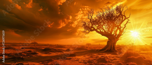Surreal desert scene with sunflare and a solitary tree. 