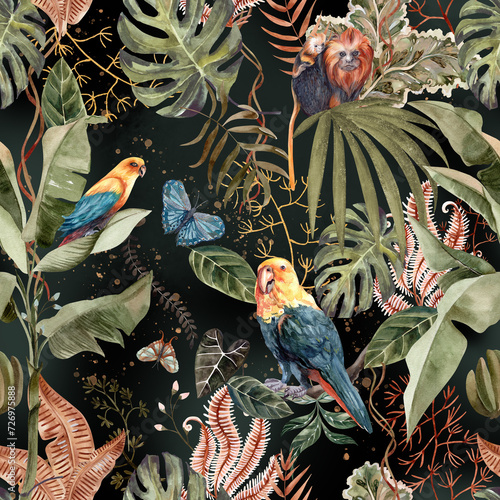 Seamless pattern of beautiful tropical leaves on a dark background with golden branches.