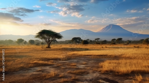 Dry African savanna in the afternoon on Mount Kilimanjaro