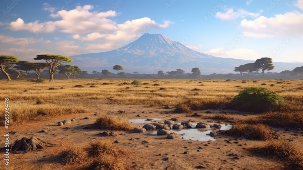 Dry African savanna in the afternoon on Mount Kilimanjaro