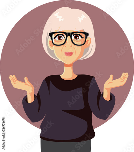 Mature Woman Shrugging feeling Undecided Vector Cartoon Character. Funny granny having uncertain but positive attitude 
