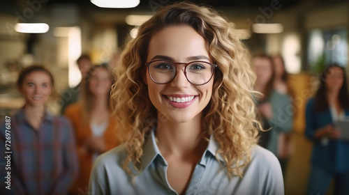 Attractive and confident smiling professional woman posing in her business office with her colleagues