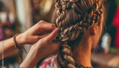 Professional stylist braiding woman’s hair in salon photo