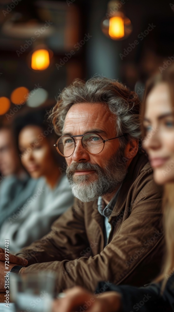 A group of people socializing, with a bearded man in glasses smiling and looking away., generative ai A group of people socializing, with a bearded man in glasses smiling and looking away., generative ai