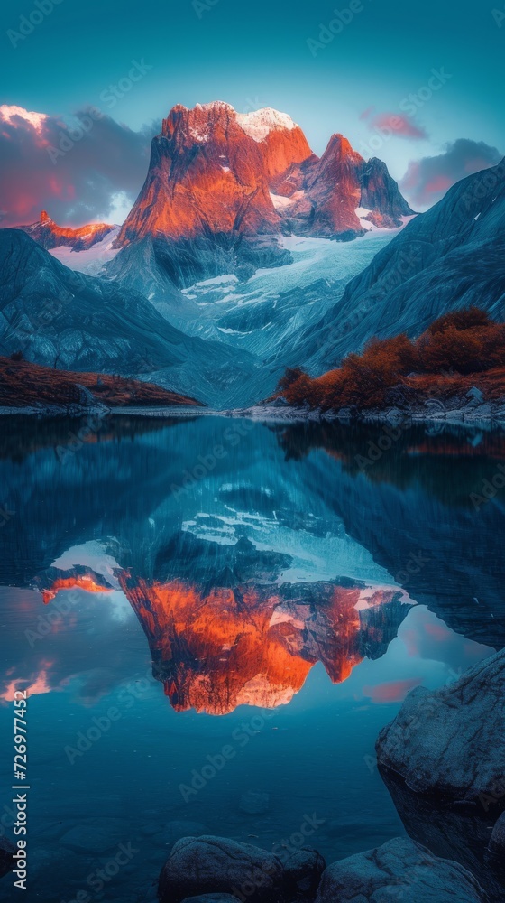 A majestic mountain reflects in a calm lake at sunset, with vibrant colors and serene scenery., generative ai