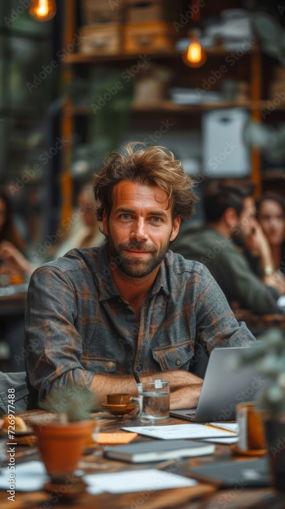 A man with a pleasant smile sits in a café with a laptop, surrounded by people., generative ai