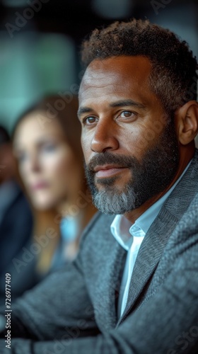 A focused man with a beard, wearing a suit, with a blurred woman in the background., generative ai