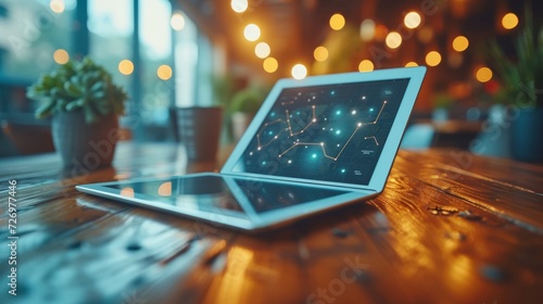 A laptop displaying a graph on its screen sits on a wooden table in a lit cafe., generative ai