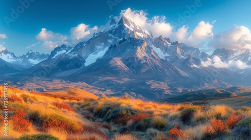 A majestic mountain with snow-capped peaks towers above an autumn-colored, grassy plain under a clear sky., generative ai