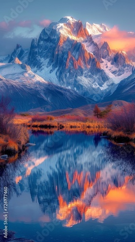 A majestic snow-capped mountain reflects in a tranquil lake under a glowing sunrise with vibrant colors., generative ai