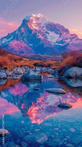 A majestic snow-capped mountain reflects in a serene alpine lake amid vibrant twilight hues and rocks., generative ai