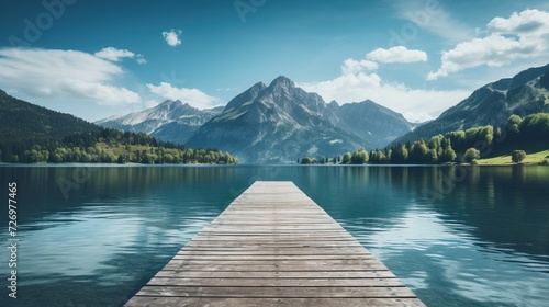 Wooden pier on a mountain lake with mountains in the background.