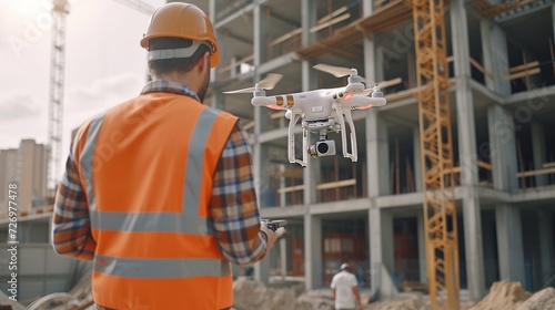 Two Specialists Use Drone on Construction Site. Architectural Engineer and Safety Engineering Inspector Fly Drone on Building Construction Site Controlling Quality. Focus on Drone  photo