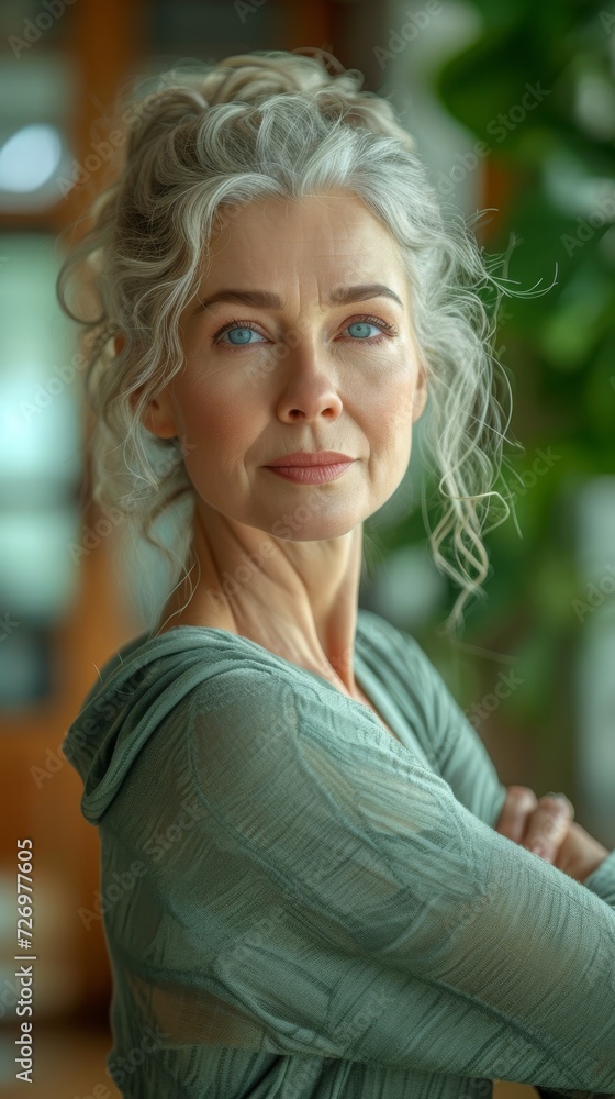 A mature woman with curly grey hair, blue eyes, wearing a green top, is looking thoughtfully., generative ai A mature woman with curly grey hair, blue eyes, wearing a green top, is looking thoughtfully., generative ai