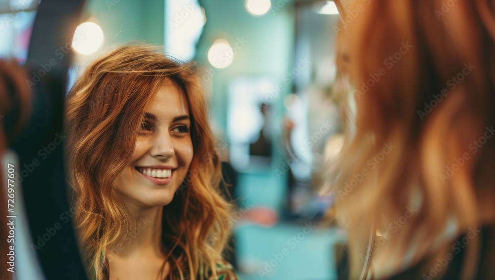 Woman admiring her reflection in a mirror Woman admiring her reflection in a mirror