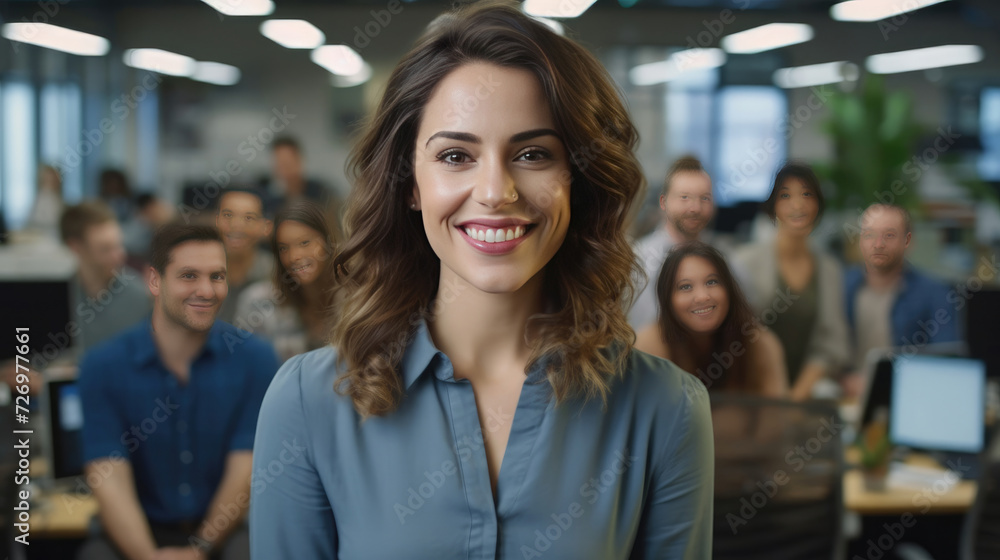 Attractive and confident smiling professional woman posing in her business office with her colleagues Attractive and confident smiling professional woman posing in her business office with her colleagues
