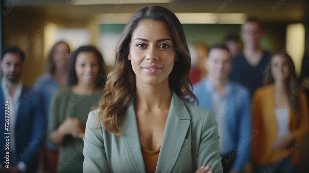 Attractive and confident smiling professional woman posing in her business office with her colleagues Attractive and confident smiling professional woman posing in her business office with her colleagues