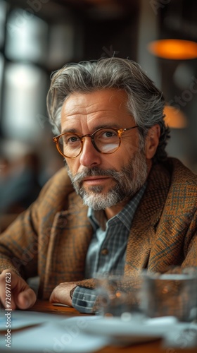 A mature man with glasses and a beard, wearing a coat, sits at a table indoors., generative ai © TheGoldTiger