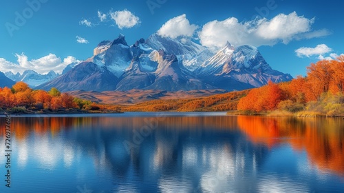 A serene lake reflecting snow-capped mountains amidst vibrant autumn foliage under a clear blue sky., generative ai