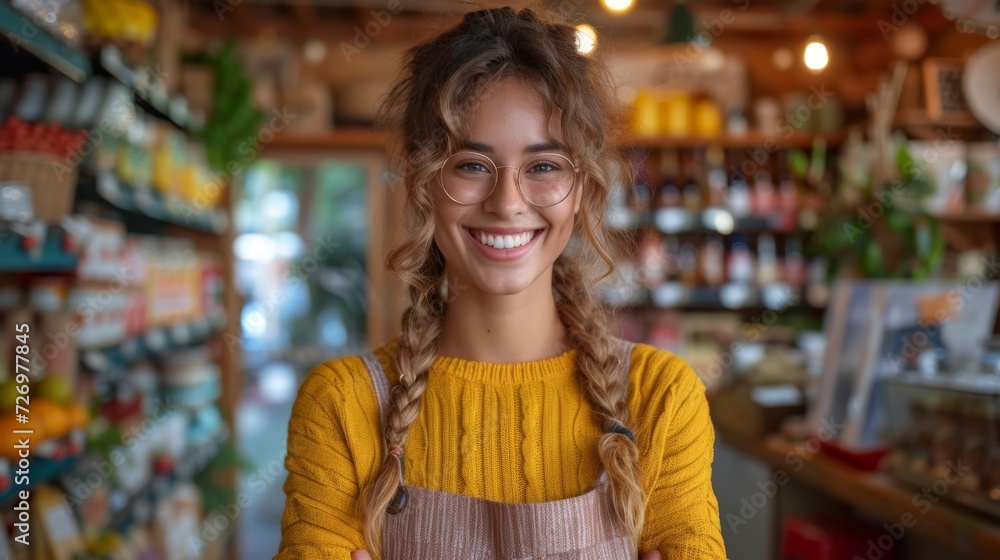 A smiling person with glasses, wearing a yellow sweater, stands in a cozy-looking indoor marketplace., generative ai