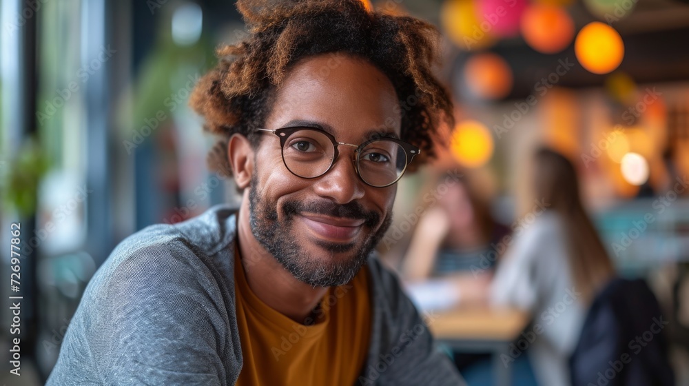 A smiling person with glasses, sitting inside, possibly a cafe, with colorful lights and people in background., generative ai A smiling person with glasses, sitting inside, possibly a cafe, with colorful lights and people in background., generative ai