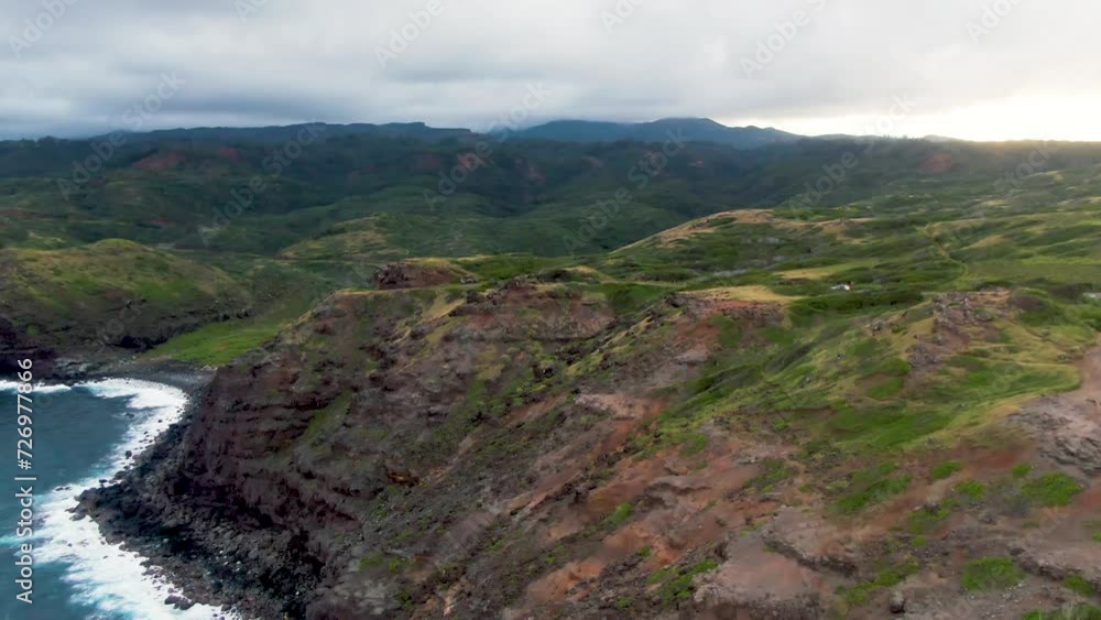 Pacific Ocean and hilly terrain of Hawaii island, aerial descent view Pacific Ocean and hilly terrain of Hawaii island, aerial descent view